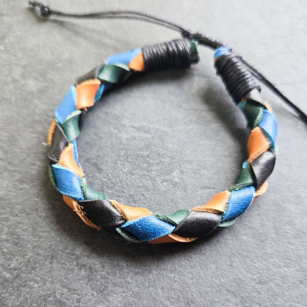 NWT Artisan Braided Leather Bracelet, Blue, Black, Green, and Tan
